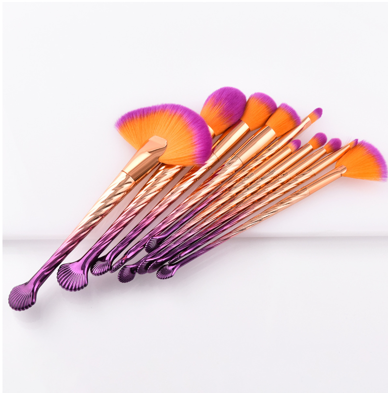 10 Make-up-Pinsel Schönheitswerkzeuge Muscheln Gold Lila Farbverlauf Fächerpinsel