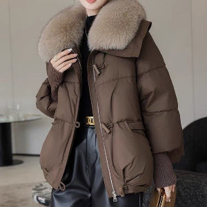 Daunenjacke für Damen, kurz mit Fellkragen, dick gefütterter Mantel, Winterkleidung