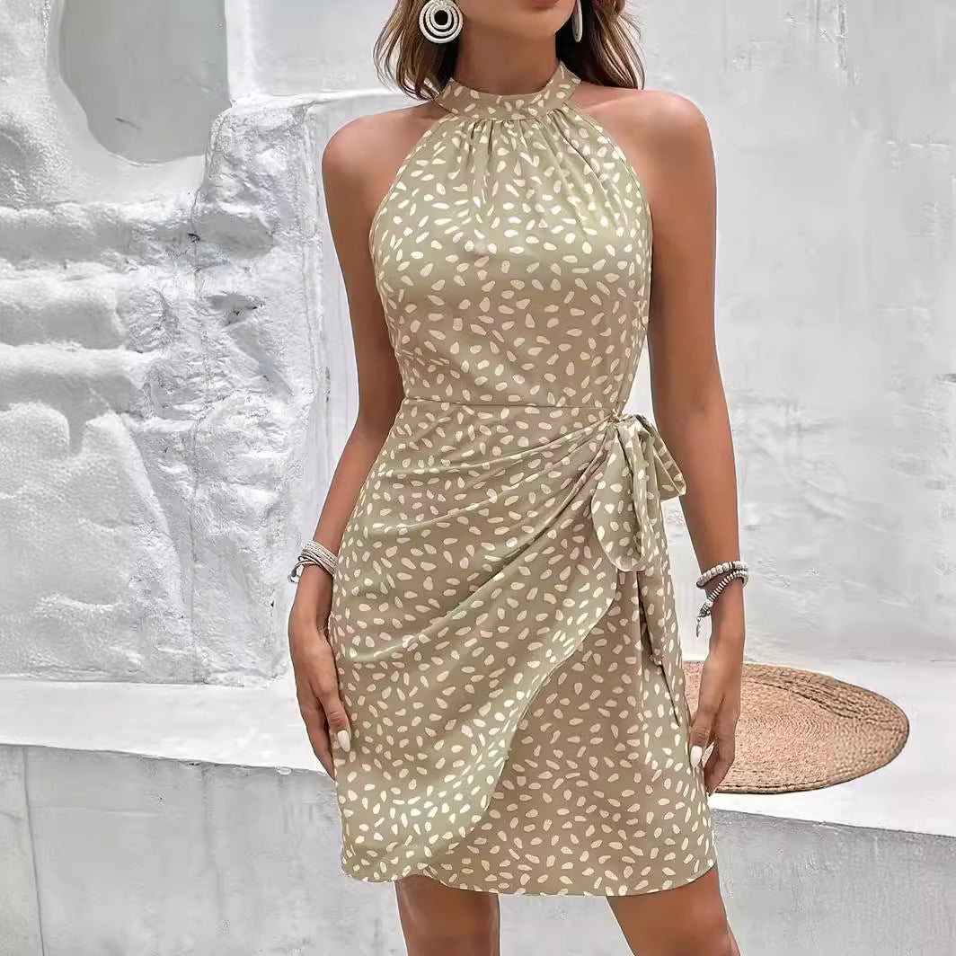 Sommer Halterneck Kleid mit Druckmuster und gebundener Taille Damen Zittern Punkte Temperament Kleid