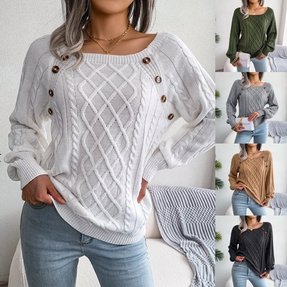 Knit sweater with square neckline and button placket, warm winter sweater with long sleeves, women&