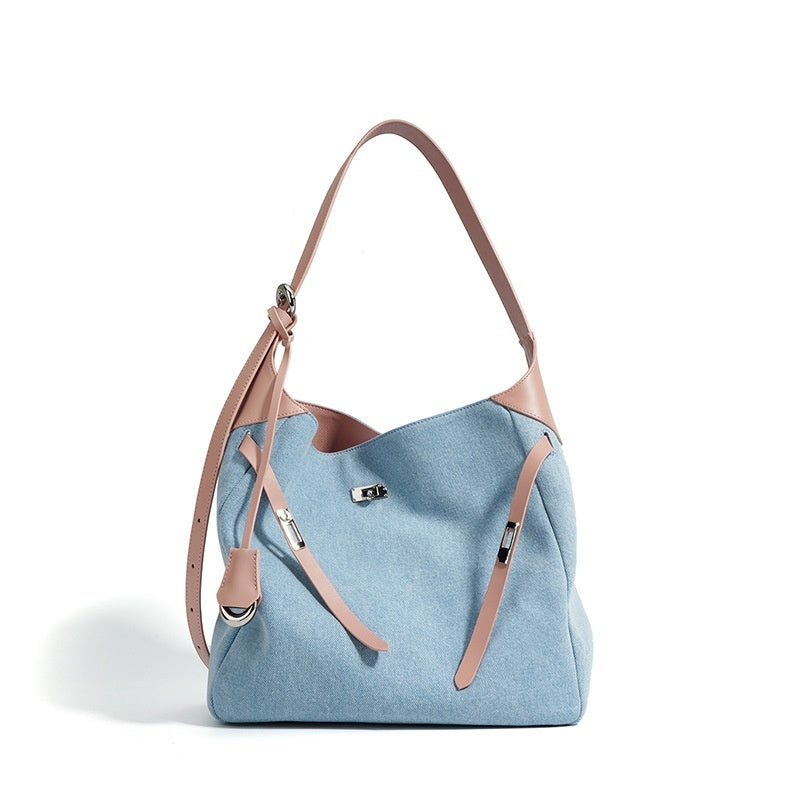Top Layer Cowhide with Denim Fashion All-match Large Capacity Shoulder Bag