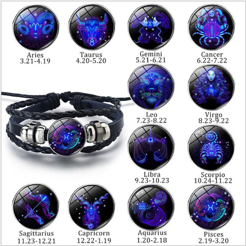 Zodiac Sign Luminous Bracelet Fashionable Night Light Punk Style Starry Sky Bracelet for Men, Women and Children