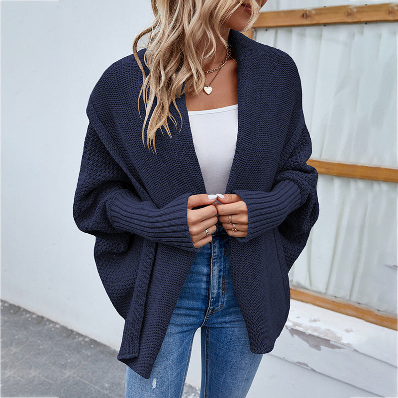 Gestrickter Pullover Einfarbig Batwing-Ärmel Großer Revers-Cardigan Herbst- und Wintermode-Jacke für Damenbekleidung