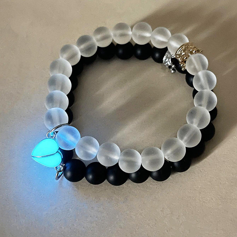 Handmade crown bead charm bracelet, glow-in-the-dark heart, glow-in-the-dark partner bracelet for lovers, men and women, fluorescent gift