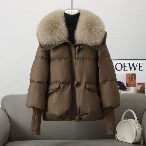 Daunenjacke für Damen, kurz mit Fellkragen, dick gefütterter Mantel, Winterkleidung