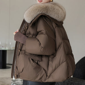 Daunenjacke für Damen, kurz mit Fellkragen, dick gefütterter Mantel, Winterkleidung