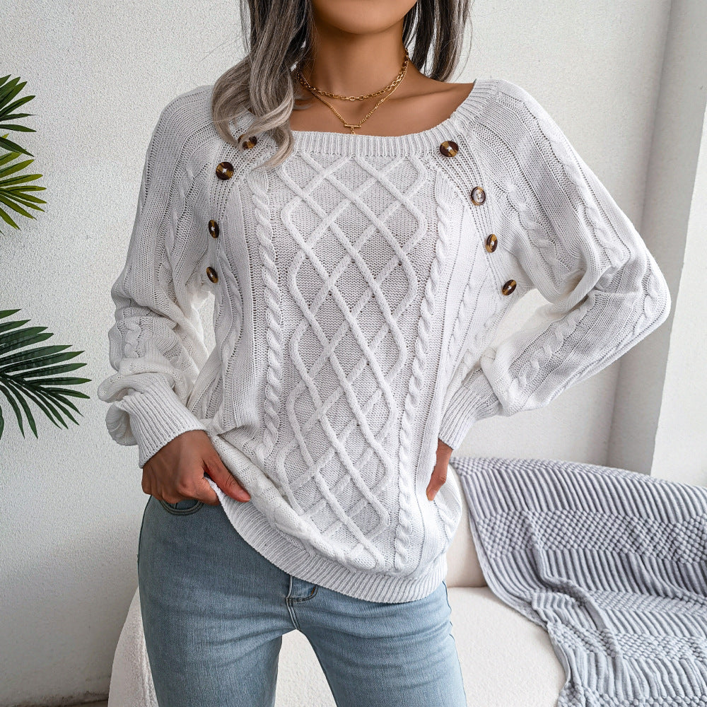 Strickpullover mit quadratischem Ausschnitt und Knopfleiste, warmer Winterpullover mit langen Ärmeln, Damenbekleidung