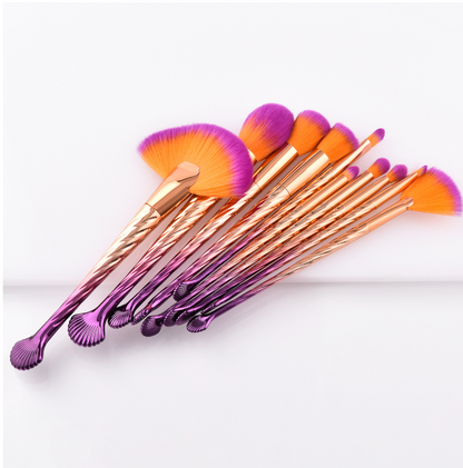 10 Make-up-Pinsel Schönheitswerkzeuge Muscheln Gold Lila Farbverlauf Fächerpinsel