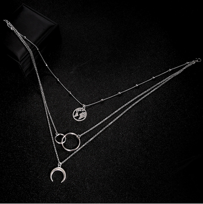 Fashionable multi-layered boho moon map necklace