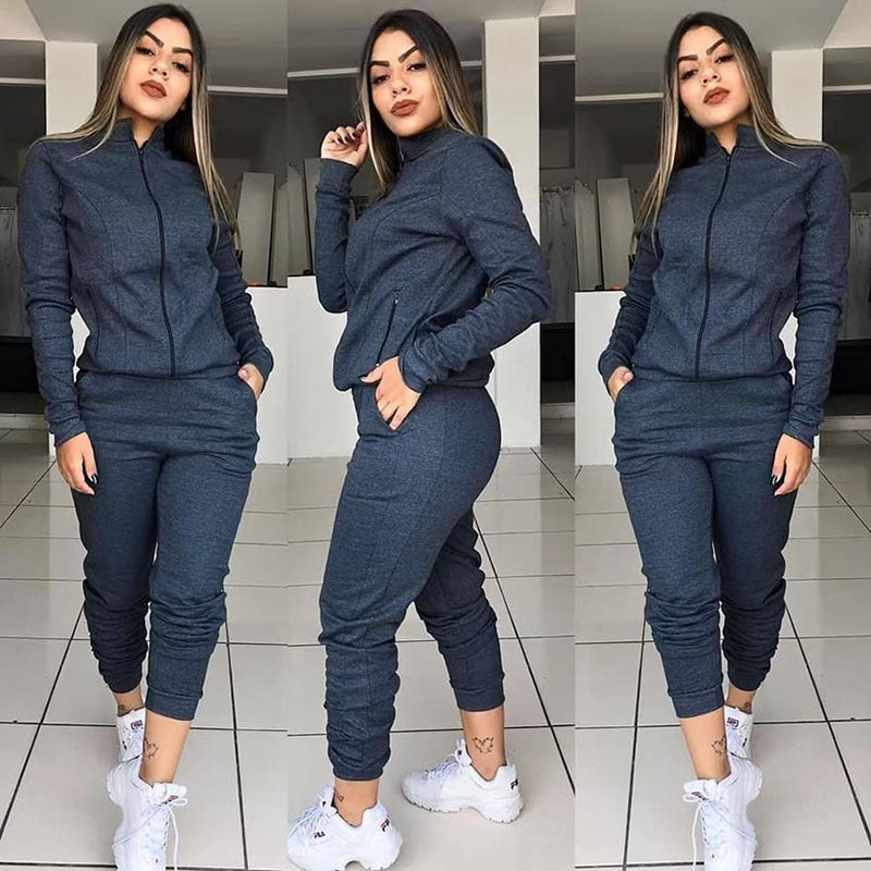 Damen Einfarbiges Langarm-Hosenanzug-Set, Zweiteiliges Fitness-Outfit, Freizeitanzug, Zweiteiler