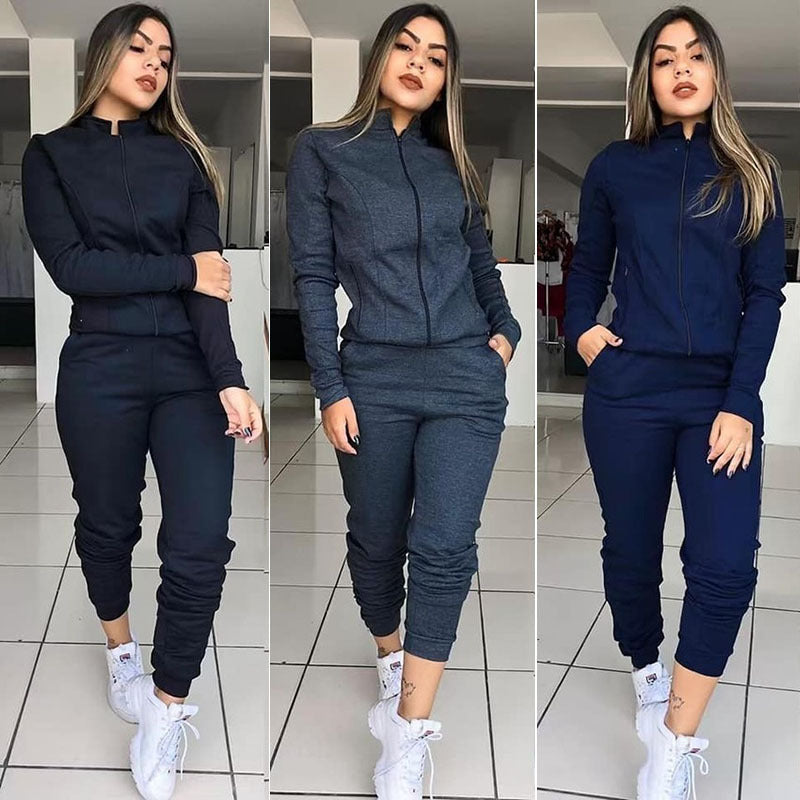 Damen Einfarbiges Langarm-Hosenanzug-Set, Zweiteiliges Fitness-Outfit, Freizeitanzug, Zweiteiler