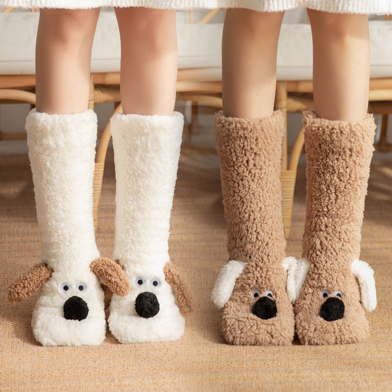 Cute Cartoon Dog Floor Socks, Winter Warm Non-Slip Plush Socks for Women