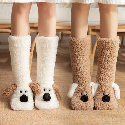 Süße Cartoon-Hund Bodensocken Winterwarme Rutschfeste Plüschsocken für Frauen