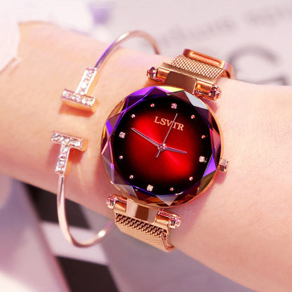Roségold Damenuhren Mode Diamant Damen Sternenhimmel Magnetuhr Wasserdichte Armbanduhr für Frauen