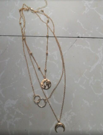 Fashionable multi-layered boho moon map necklace