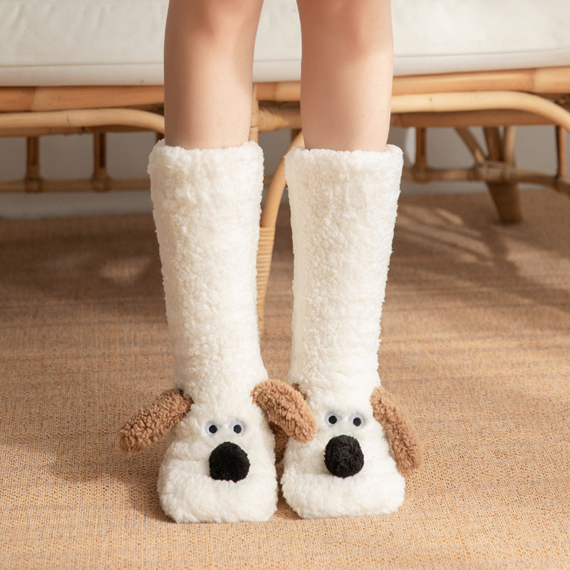 Süße Cartoon-Hund Bodensocken Winterwarme Rutschfeste Plüschsocken für Frauen