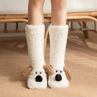 Süße Cartoon-Hund Bodensocken Winterwarme Rutschfeste Plüschsocken für Frauen