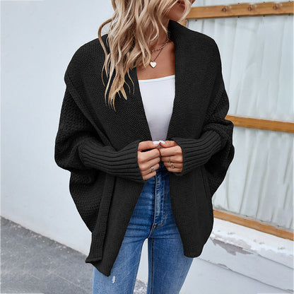 Gestrickter Pullover Einfarbig Batwing-Ärmel Großer Revers-Cardigan Herbst- und Wintermode-Jacke für Damenbekleidung