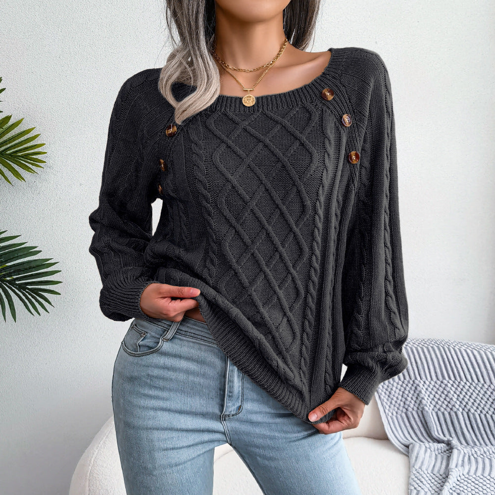 Strickpullover mit quadratischem Ausschnitt und Knopfleiste, warmer Winterpullover mit langen Ärmeln, Damenbekleidung
