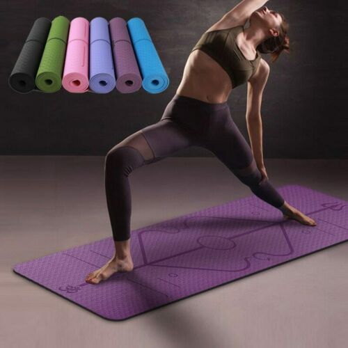 TPE Yoga Mat Non Slip Carpet Environmental Fitness 183*61cm displayed with multiple color options and a woman performing yoga.