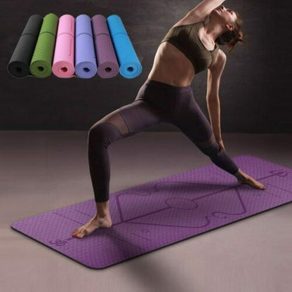 TPE Yoga Mat Non Slip Carpet Environmental Fitness 183*61cm displayed with multiple color options and a woman performing yoga.