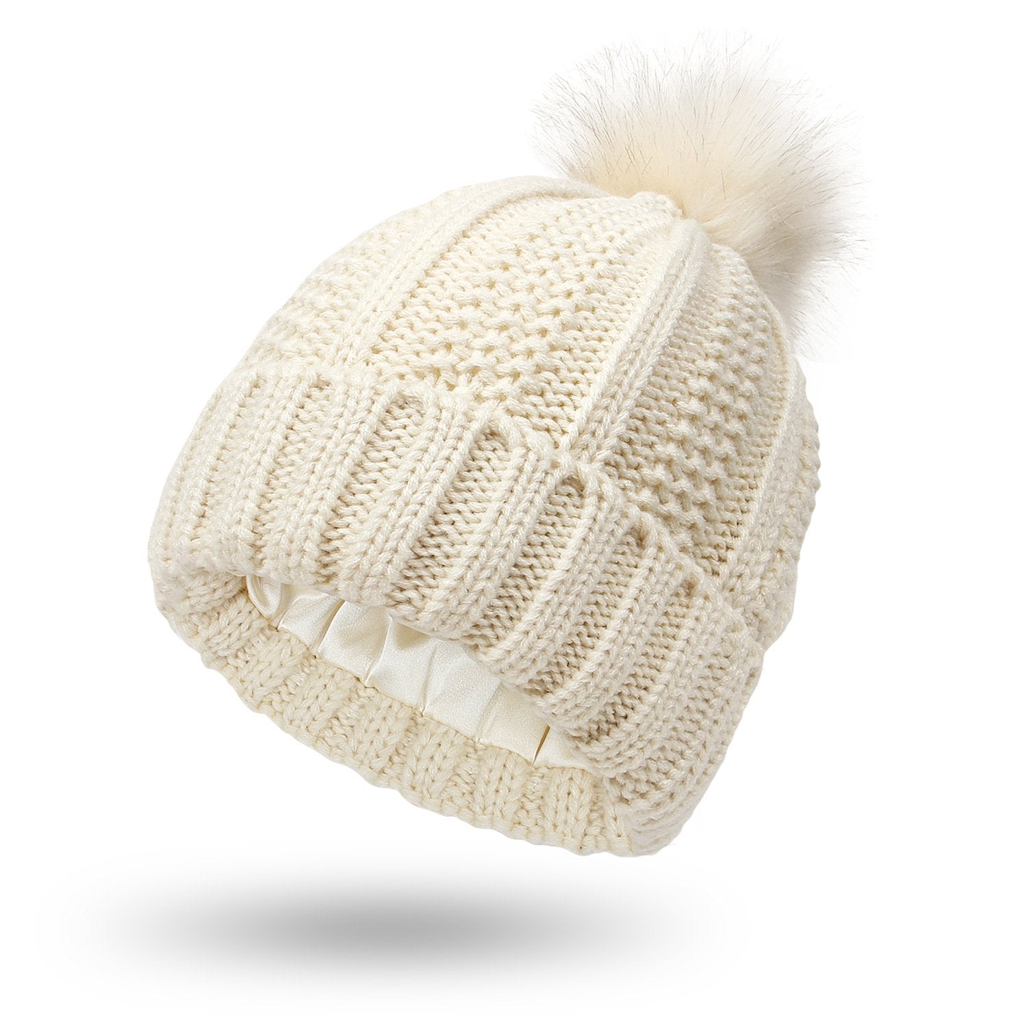 Modische dehnbare Strickmütze mit Satinfutter und Totenkopf für Frauen, Kunstfell-Bommelmütze, Wintermütze zum Warmhalten
