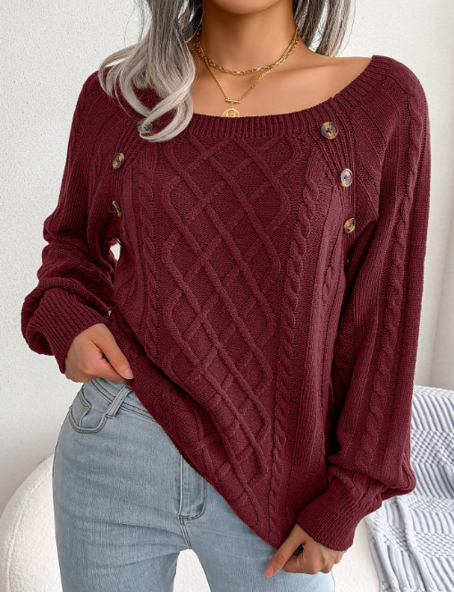 Strickpullover mit quadratischem Ausschnitt und Knopfleiste, warmer Winterpullover mit langen Ärmeln, Damenbekleidung