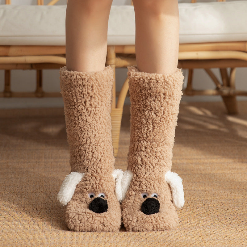 Süße Cartoon-Hund Bodensocken Winterwarme Rutschfeste Plüschsocken für Frauen