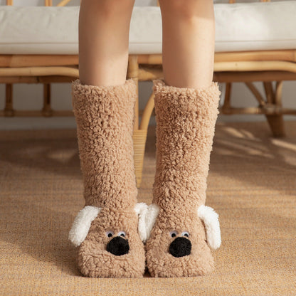 Süße Cartoon-Hund Bodensocken Winterwarme Rutschfeste Plüschsocken für Frauen