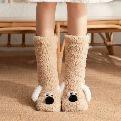 Süße Cartoon-Hund Bodensocken Winterwarme Rutschfeste Plüschsocken für Frauen