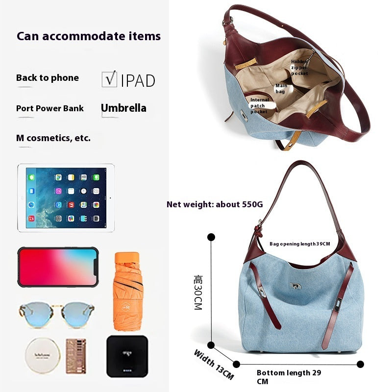 Top Layer Cowhide with Denim Fashion All-match Large Capacity Shoulder Bag