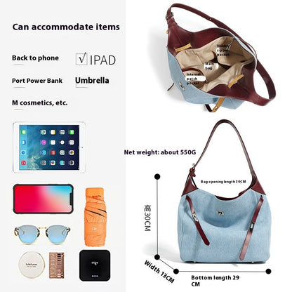 Top Layer Cowhide with Denim Fashion All-match Large Capacity Shoulder Bag