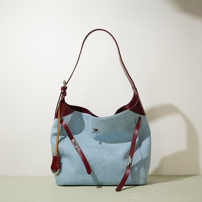 Top Layer Cowhide with Denim Fashion All-match Large Capacity Shoulder Bag