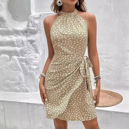 Sommer Halterneck Kleid mit Druckmuster und gebundener Taille Damen Zittern Punkte Temperament Kleid