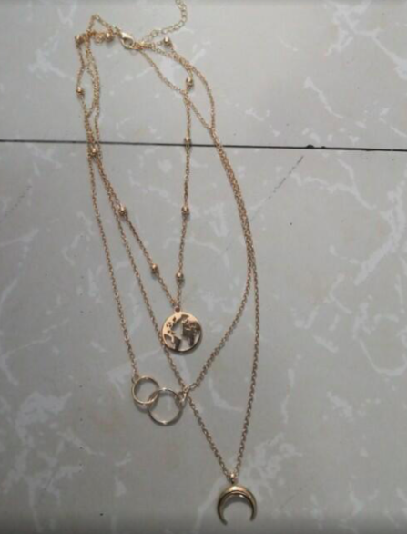 Fashionable multi-layered boho moon map necklace