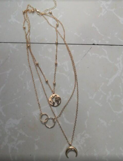 Fashionable multi-layered boho moon map necklace