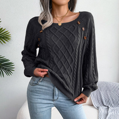 Strickpullover mit quadratischem Ausschnitt und Knopfleiste, warmer Winterpullover mit langen Ärmeln, Damenbekleidung