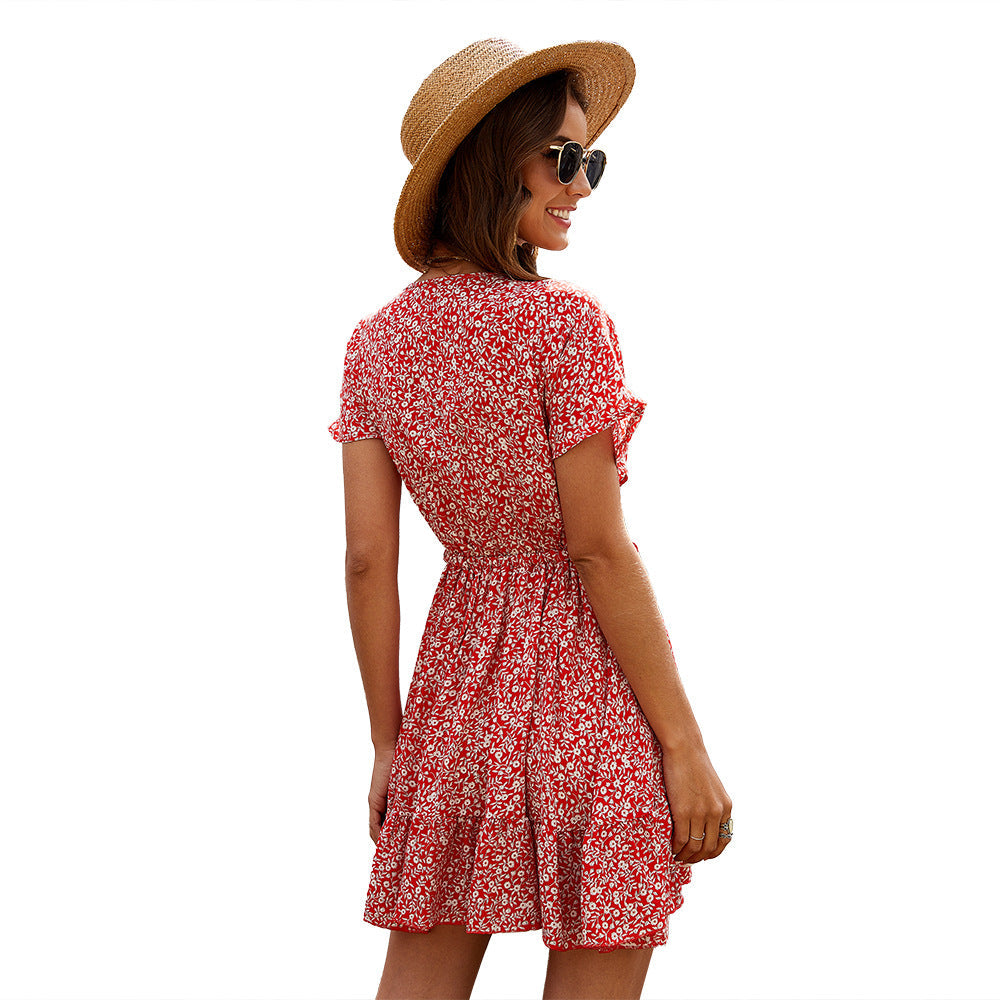 Deep V Ruffled Floral Spring Dress Women&
