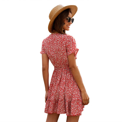 Deep V Ruffled Floral Spring Dress Women&