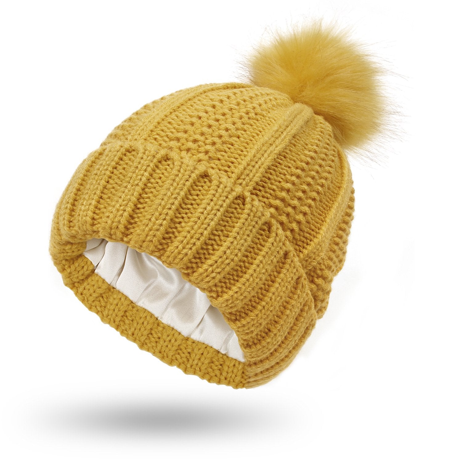 Modische dehnbare Strickmütze mit Satinfutter und Totenkopf für Frauen, Kunstfell-Bommelmütze, Wintermütze zum Warmhalten