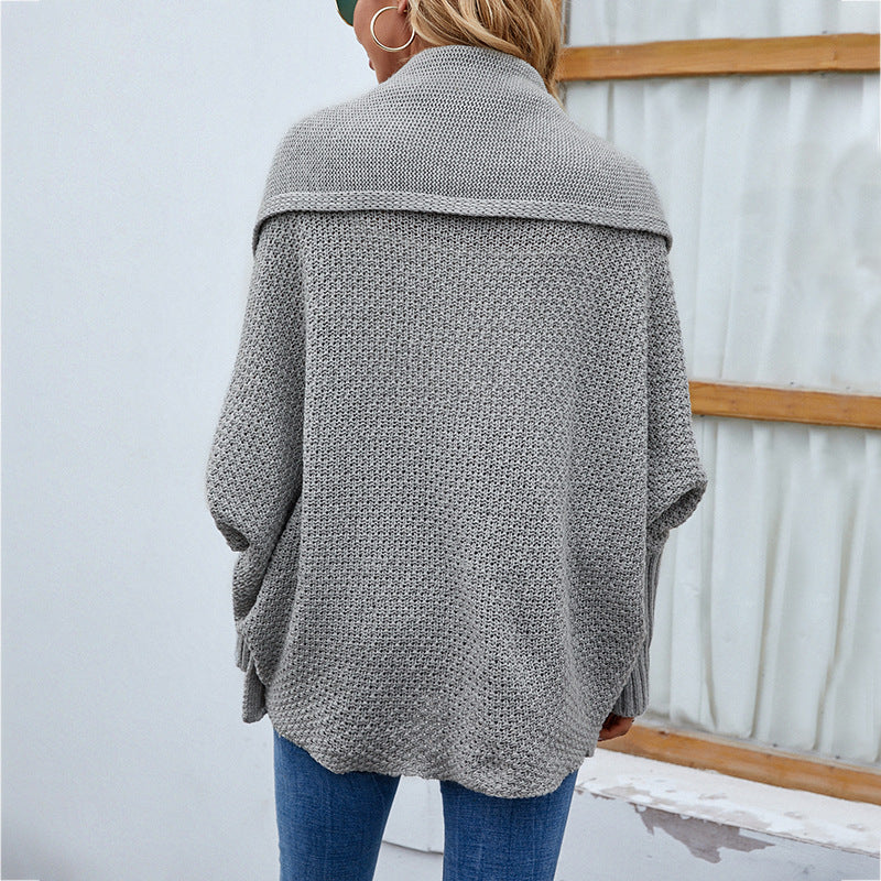 Gestrickter Pullover Einfarbig Batwing-Ärmel Großer Revers-Cardigan Herbst- und Wintermode-Jacke für Damenbekleidung