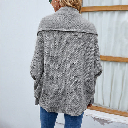 Gestrickter Pullover Einfarbig Batwing-Ärmel Großer Revers-Cardigan Herbst- und Wintermode-Jacke für Damenbekleidung