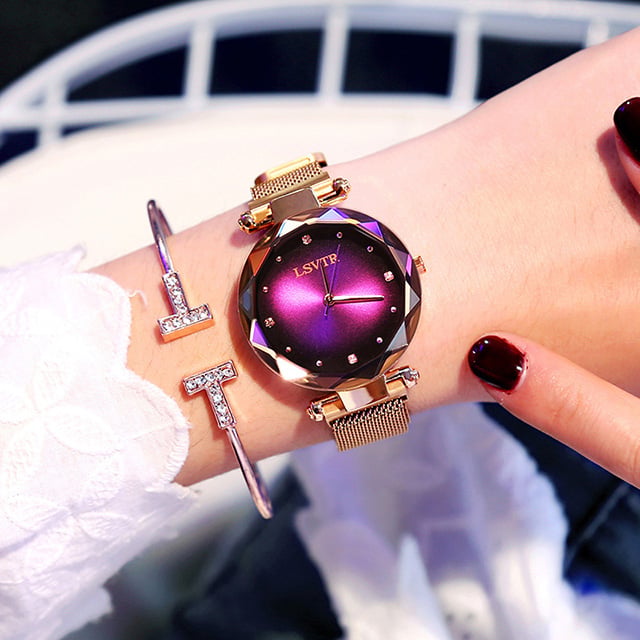 Roségold Damenuhren Mode Diamant Damen Sternenhimmel Magnetuhr Wasserdichte Armbanduhr für Frauen