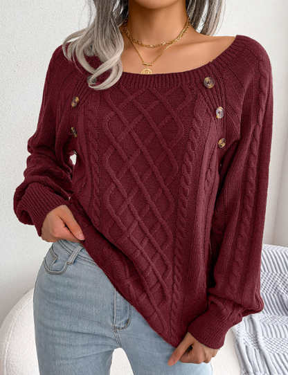 Strickpullover mit quadratischem Ausschnitt und Knopfleiste, warmer Winterpullover mit langen Ärmeln, Damenbekleidung