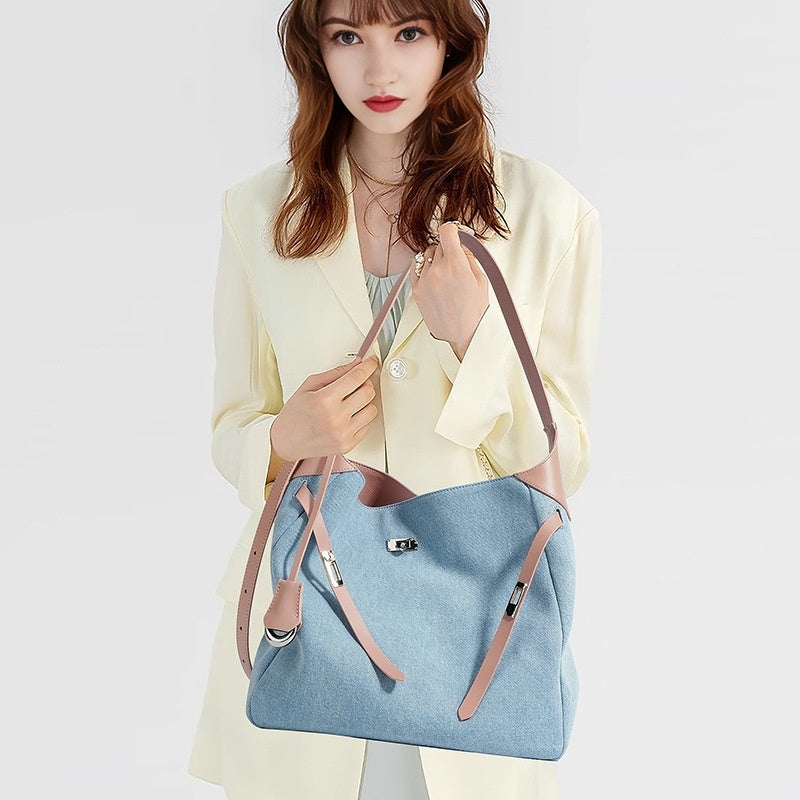 Top Layer Cowhide with Denim Fashion All-match Large Capacity Shoulder Bag