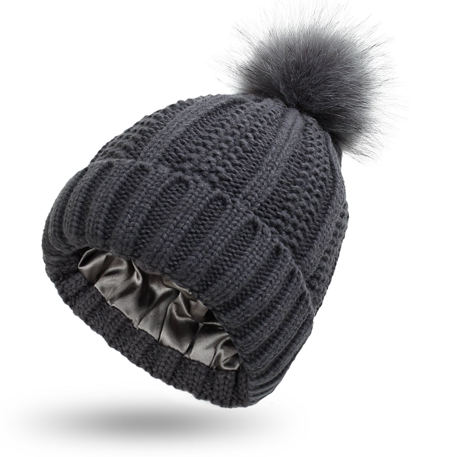 Modische dehnbare Strickmütze mit Satinfutter und Totenkopf für Frauen, Kunstfell-Bommelmütze, Wintermütze zum Warmhalten