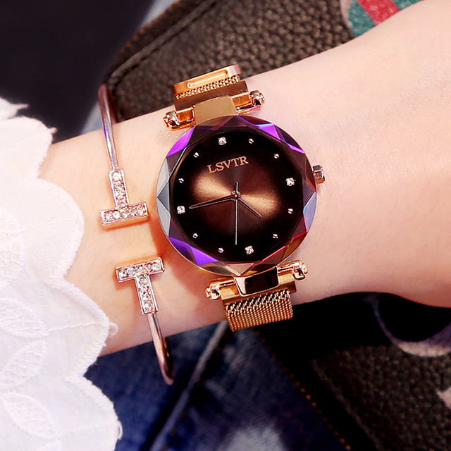 Roségold Damenuhren Mode Diamant Damen Sternenhimmel Magnetuhr Wasserdichte Armbanduhr für Frauen