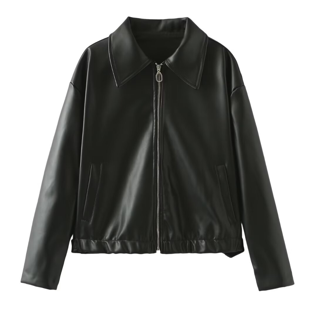 Solid color lapel jacket with zipper. Fashionable casual leather jacket with long sleeves. Women&