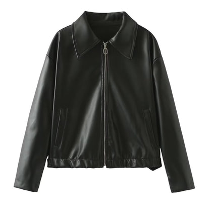 Solid color lapel jacket with zipper. Fashionable casual leather jacket with long sleeves. Women&