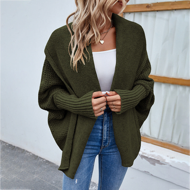 Gestrickter Pullover Einfarbig Batwing-Ärmel Großer Revers-Cardigan Herbst- und Wintermode-Jacke für Damenbekleidung